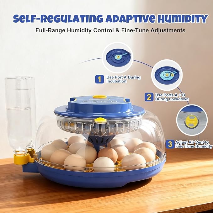 Series III - 18 Egg Smart Automatic Incubator, Full-Stage Adaptive Humidity (Dual-Bottle) & Auto Temp Control, Custom-Interval Auto Egg Turn & Auto Stop, Adjustable Incubation Days, Candler, Alarms