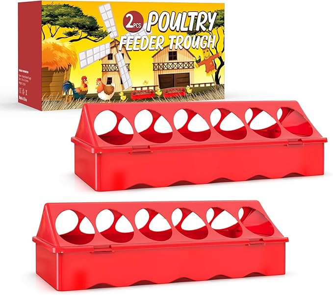 2-Pack Plastic Flip-Top Poultry Feeders, Spill-Proof Chick Feeder Trough with Multiple Feeding Holes, No-Waste Baby Chicken, Duckling, and Quail Feeding Dish Dispenser