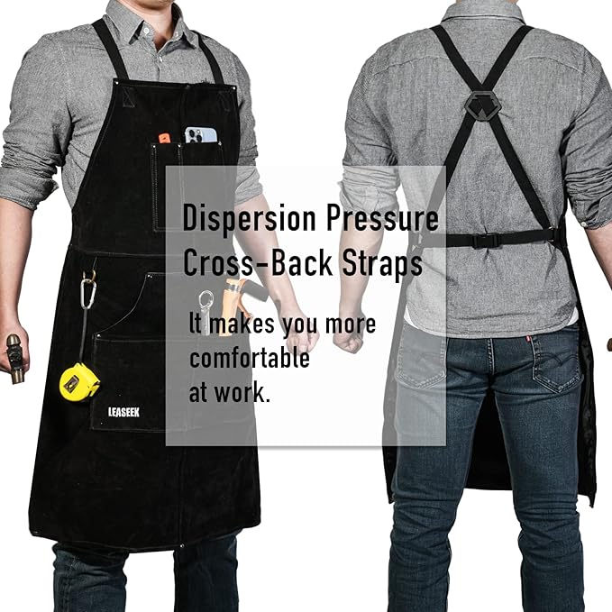 LeaSeek Leather Welding Apron,Heat & Flame-Resistant Heavy Duty Work Apron with 6 Pockets,Woodworking Shop Apron