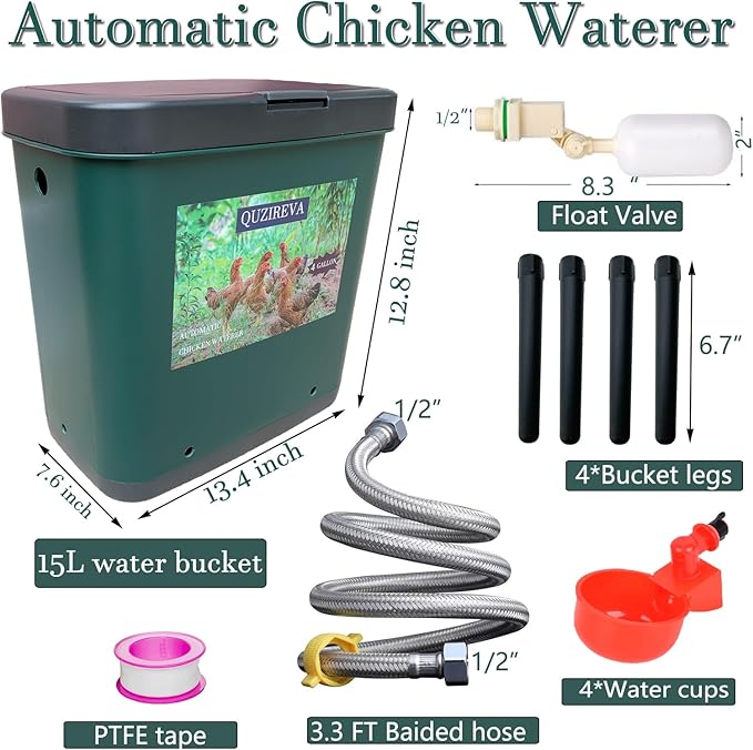 Automatic Chicken Waterer Self-Filling Float Controlled Poultry Water Feeder 4 Gallon Free-Standing Chicken Water Fountain Dispenser Auto Chicken Watering System Pigeon Bird with Hose and Water Cups