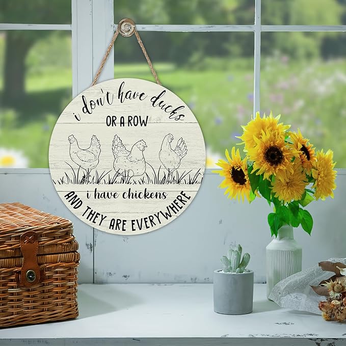 I Don't Have Ducks or a Row I Have Chickens Everywhere Front Door Sign, Farmhouse Hen Eggs Wood Hanger Chicken Coop Home Decor, Funny Rustic Wooden Wreath Indoor Wall Hanging Decoration