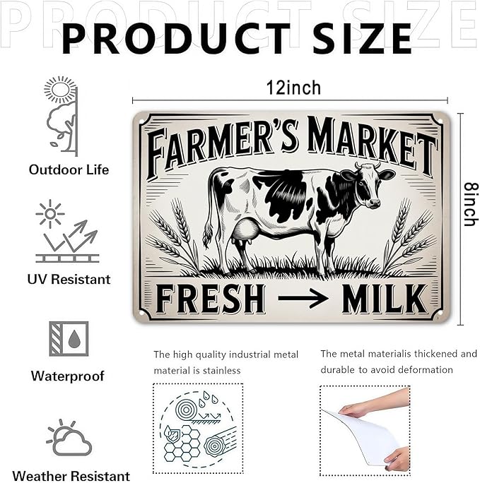 Farmer's Market tin sign, Vintage Farm Fresh Milk Cow Metal Sign print Aesthetic Room Decoration for Home Bedroom Kitchen Bar Coffee Bathroom Indoor Outdoor Wall Decor, 8 X 12 IN