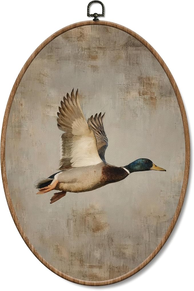 Yorhifa Vintage Mallard Duck Framed Wall Art, Cottagecore Country Duck Hunting Oval Wall Art, Rustic Farmhouse Oval Walls Decor, Wildlife Waterfowl Canvas Artwork Hanging Decor, 8.5x11.5in