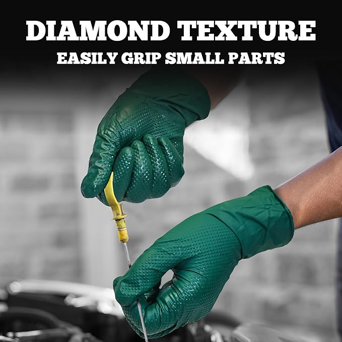 TitanFlex Heavy Duty Industrial Nitrile Gloves with Raised Diamond Texture, 6-mil, Latex Free (Dark Green/Yellow)