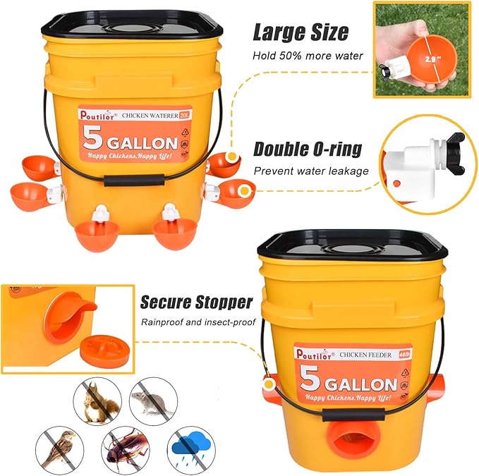 5 Gallon Automatic Chicken Waterer & 44 Lbs No Waste Feeder Set, Poultry Feeding Equipment with Buckets for Chicken Coop Accessories