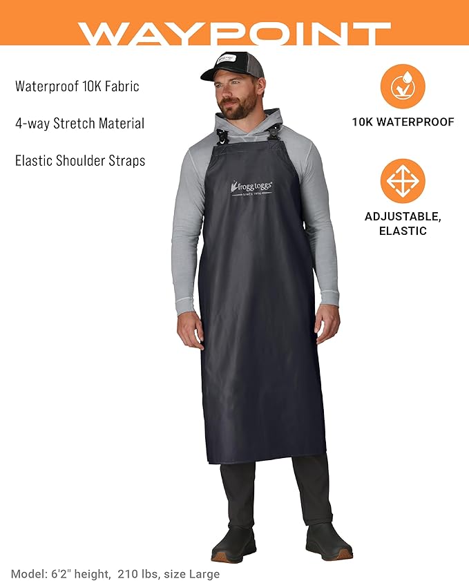 FROGG TOGGS Men's Waypoint Fish Apron, Waterproof, Durable with 4-Way Stretch, Black, OS