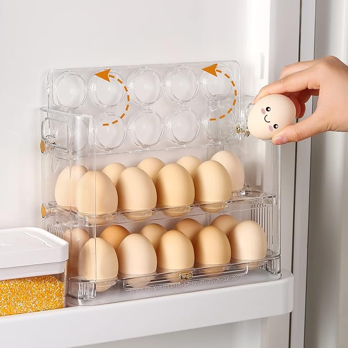 Beveetio Flippable Egg Holder For Refrigerator, Clear Acrylic Egg Storage Container For Refrigerator Side Door, Large Capacity Organizer-30 Count Capacity