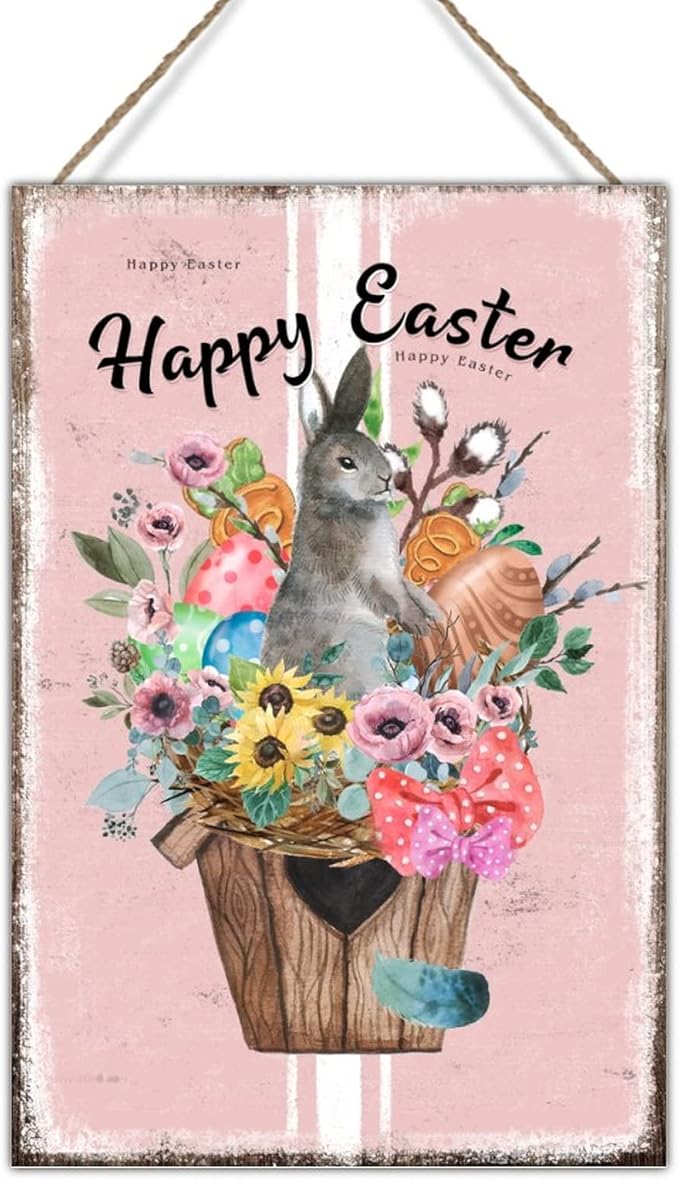 Wood Sign Plaque French Style Floral Pink Stripes Sign Happy Easter Flower Basket Bunny Wood Signs Farmhouse Easter Decor Happy Spring Hanging Sign for Living Room 8x12in