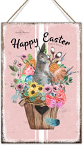 Wood Sign Plaque French Style Floral Pink Stripes Sign Happy Easter Flower Basket Bunny Wood Signs Farmhouse Easter Decor Happy Spring Hanging Sign for Living Room 8x12in