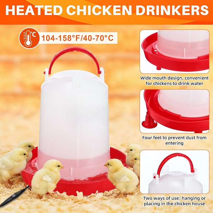 5 Pack 3l Heated Chicken Waterer Chick Perch Set for Winter 0.8 Gallon Heated Poultry Fountain with Leg Support and Flip Top Poultry Feeder for Chicks Ducks Quail