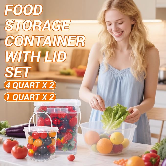 4pack 1 Gallon Food Storage Bucket Containers Plastic Bucket with Handle and Lid All Purpose Pail for Multipurpose Paint Water Art Crafts Projects Garage Organization