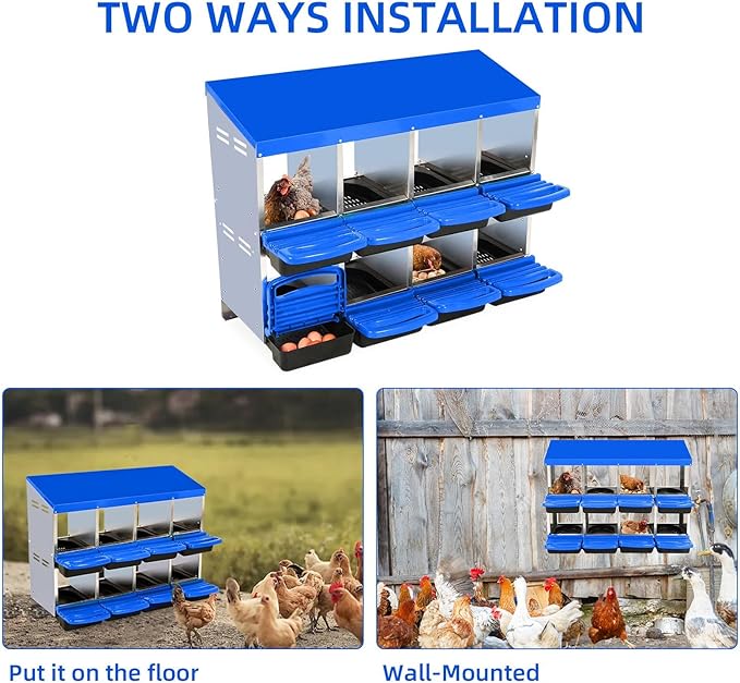 GarveeHome 2-Tier Chicken Nesting Box, 8 Compartment Metal Chicken Laying Boxes with Waterproof Roof ＆ Removable Trays for Hens, Poultry，Easy Egg Collection