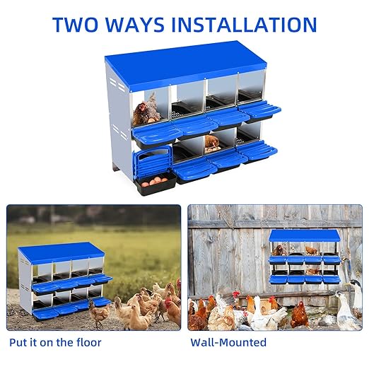 Chicken Nesting Boxes, 8 Hole Metal Chicken Laying Box with with Removable Trays and Roll Out Egg Collection for Chicken Coop, Blue