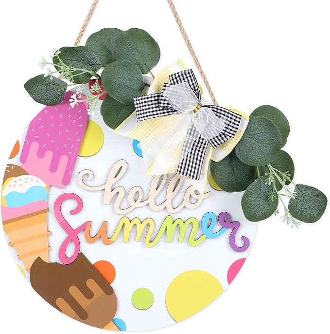 CHDITB 3D Hello Summer Wreath Wooden Sign, Ice Cream Themed Wooden Hanging Plaque, Welcome Summer Door Hanger, Colorful Popsicle Round Wall Art Sign Hanger for Front Porch Yard Garden Backyard Decor