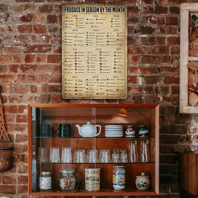 Season Fruit Sign Vegetables Knowledge Metal Tin Signs Vintage Plant Vegetables Chart Posters Produce In Season By The Month Sign Food Art Poster School Kitchen Pantry Wall Decor 8x12 Inch