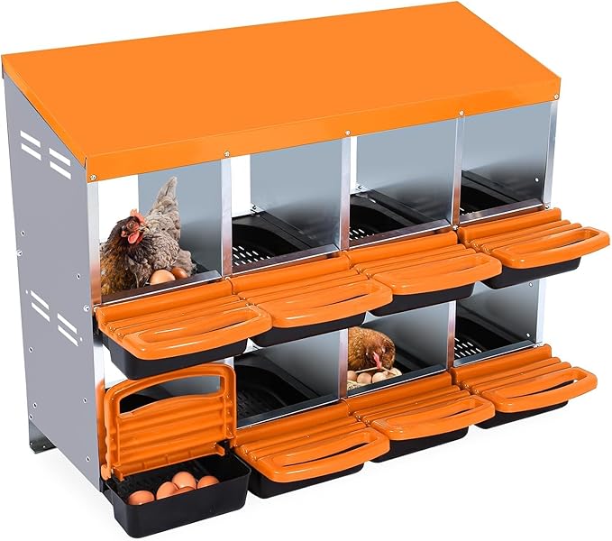 GarveeHome 2-Tier Chicken Nesting Box, 8 Compartment Metal Chicken Laying Boxes with Waterproof Roof ＆ Removable Trays for Hens, Poultry，Easy Egg Collection