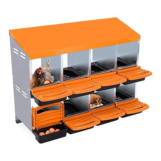 Chicken Nesting Boxes, 8 Hole Metal Chicken Laying Box with with Removable Trays and Roll Out Egg Collection for Chicken Coop, Orange