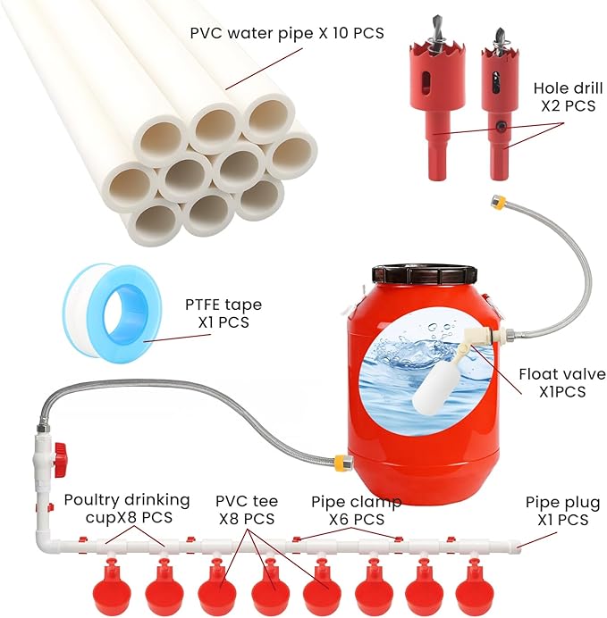Automatic Chicken Waterer System Complete Set Pipeline Poultry Water Feeder with Water Cups, Float Valve, Garden Hose for DIY (Bucket Not Included)