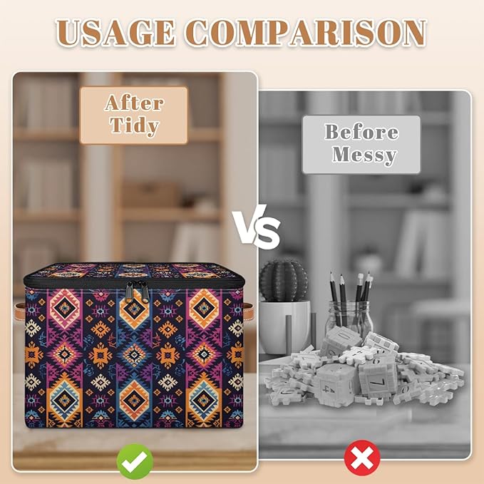 Boho Bohemia Style Storage Bins with Zipper Lid Fabric Storage Containers for Clothes Collapsible Closet Storage Basket with Metal Frame 1 Pack