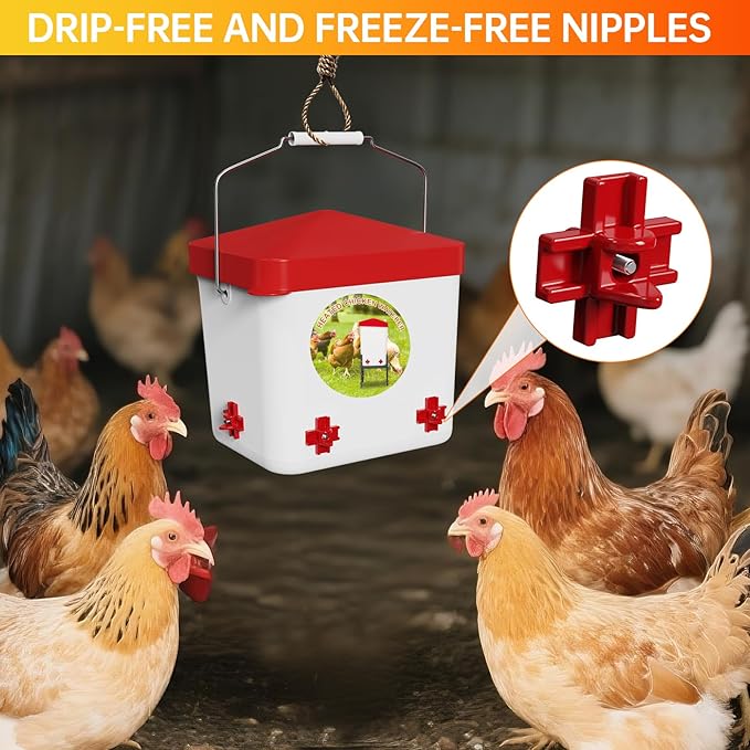 Nexum 2 Gallon Heated Chicken Waterer - Outdoor Unfrozen Poultry Drinker for Winter with 4 Nipples and Adjustable Stand Automatic Chicks Water Bucket (Red, 2 Gallon)