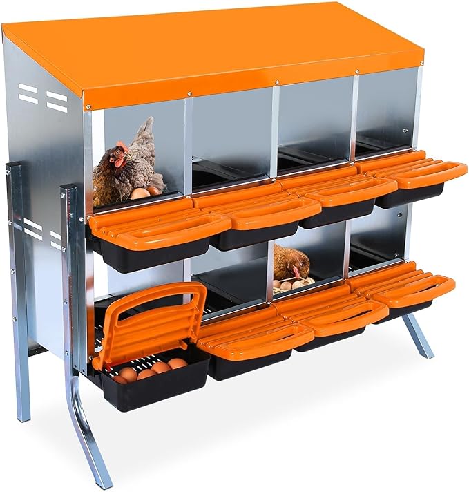 [8-Pack] Chicken Nest Box for Hens - Galvanized Steel Wall-Mounted or Freestanding Chicken Nest with Ventilation Holes - Poultry Nest Box with Legs for Egg Laying (Orange)