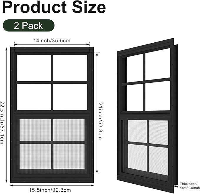 2 Pack Shed Windows 14" x 21" Flush Mount Window with Tempered Glass and Fiberglass Screen for Chicken Coop Sheds Barns Playhouse -Black