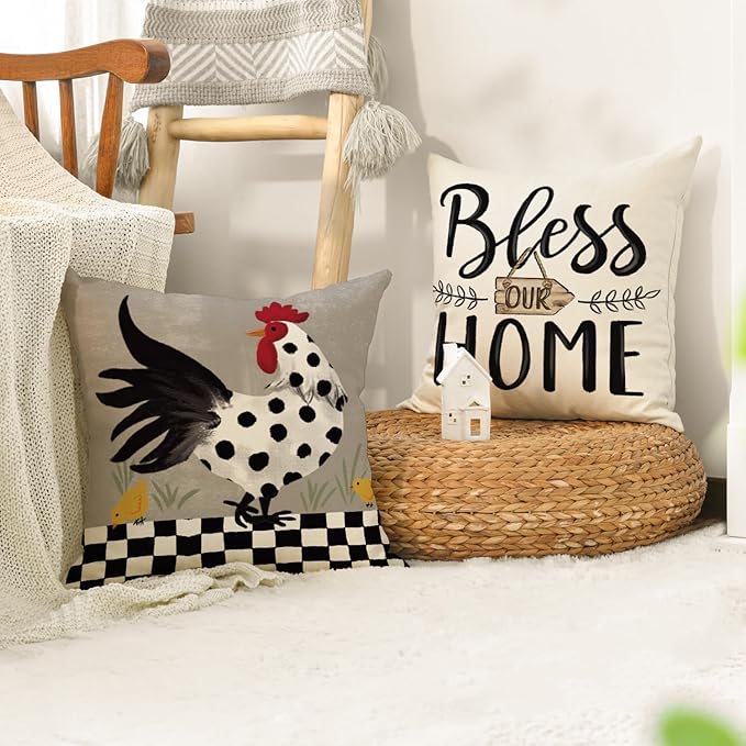 AVOIN colorlife Farmhouse Chicken Home Sweet Home Throw Pillow Covers, 18 x 18 Inch Bless Our Home Seasonal Cushion Case Decoration for Sofa Couch Set of 4