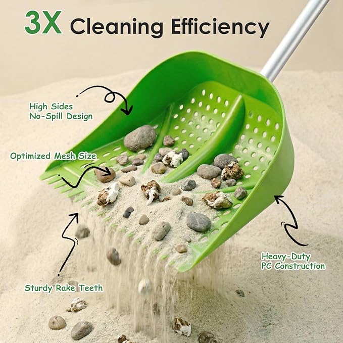 Chicken Poop Scooper & Rake 2-in-1, Adjustable Handle Length from 38" to 66", Features Manure Sifting Capability – Ideal for Chicken Coops and Farm Animal Cleaning (Green)