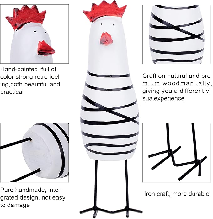 Berry President Cute Wood Wooden Chicken Chook Carving Figurines for Home Decor, Rooster Kitchen Decor, Living Room Decorations,Pack of 3 Pcs (White)