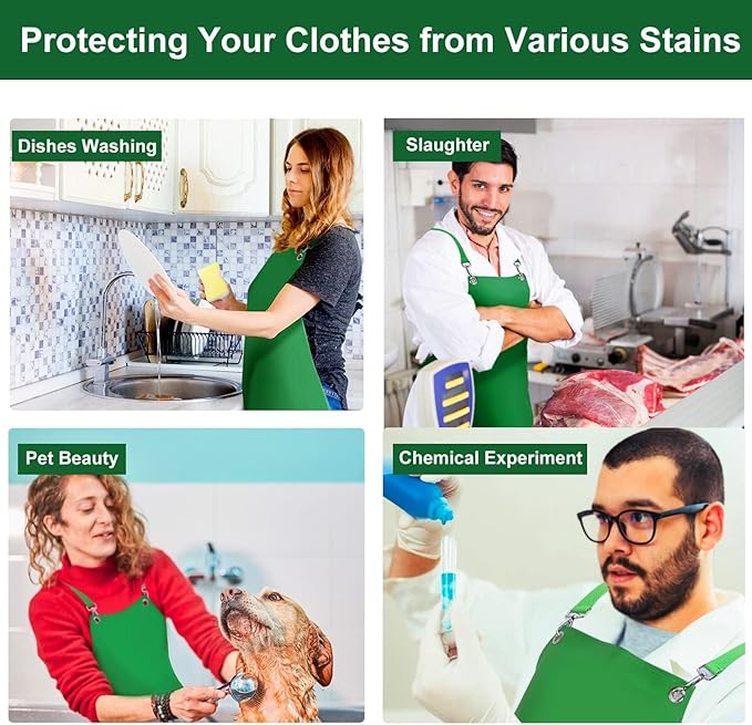 Waterproof Rubber Apron, 43" Anti-Tear Heavy Duty Vinyl Adjustable Thicker Cross Back Dishwasher Apron for Restaurant Dishwashing, Butcher, Lab Work, Dog Grooming Green