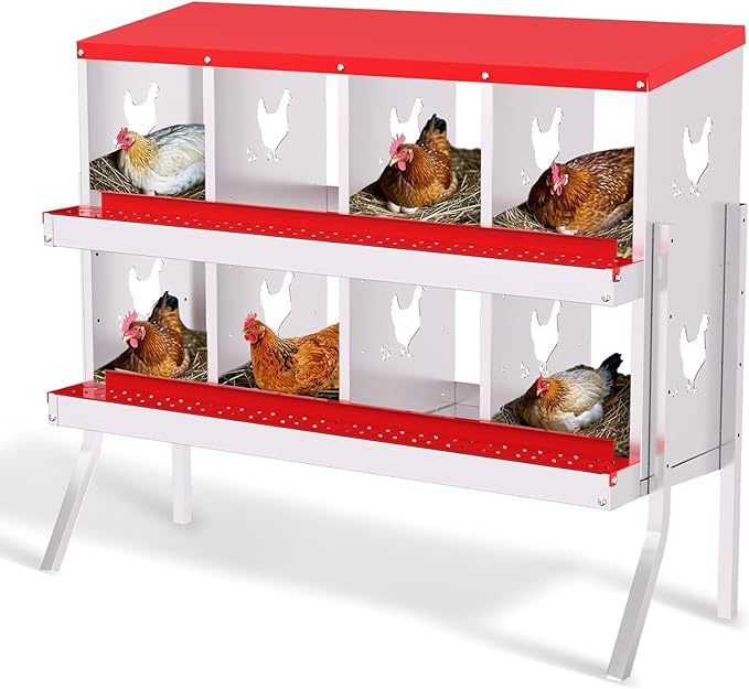 Metal Chicken Nesting Boxes, Heavy-Duty Galvanized Steel Egg Laying Box with 8 Compartments, Rustproof, Easy to Install & Clean, Wall-Mountable Design for Poultry Coops- Red with Stand
