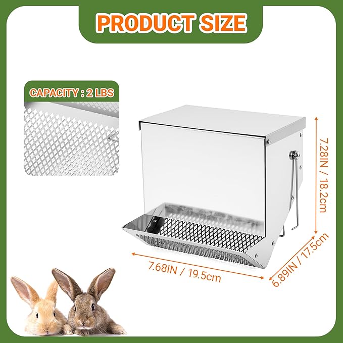 Rabbit Feeders Automatic for Cages,3.5 Pound Large Metal Trough Feeder with Lid Galvanized Steel Outdoor Bunny Food Dispenser for Rabbits Chicken Guinea Pig Pet and Other Small Animals