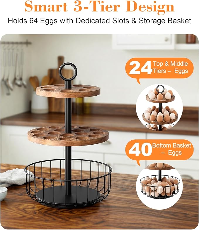 3-Tier 360° Rotating Egg Holder with 24+40 Egg Capacity - Rustic Farmhouse Kitchen Counter Organizer, Tiered Storage Rack with Ventilated Wooden Trays & Metal Basket for Easy Access and Freshness