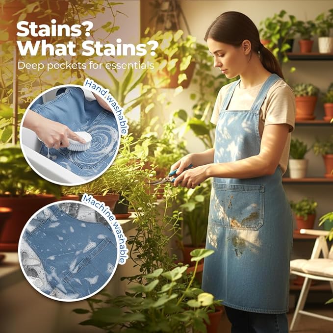 Apron with Pockets for Women and Men, Lightweight Cotton Jean Cross Back Apron with Front Pocket for Cooking Gardening