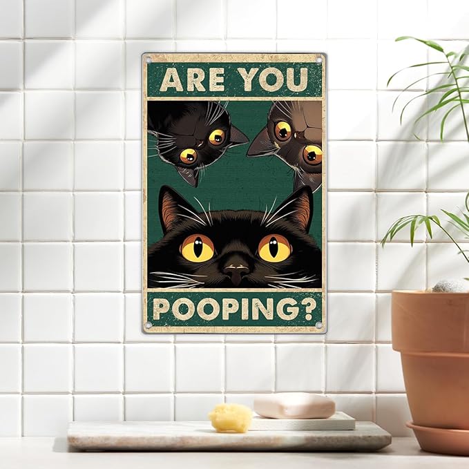 Funny Black Cat Are You Pooping Metal Sign Vintage Bathroom Wall Decor Humorous Art For Restroom Home Decoration 8 x 12 Inch Indoor Aluminum Outdoor Kitchen