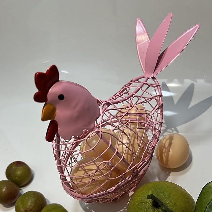 Wire Chicken Egg Basket for Desktop Decorative Ornaments,Egg Holder Chicken Shape Metal Egg Basket for Kids Gathering Fresh Eggs Farmhouse Rooster Wire Basket for Kitchen Countertop Decoration (Pink)