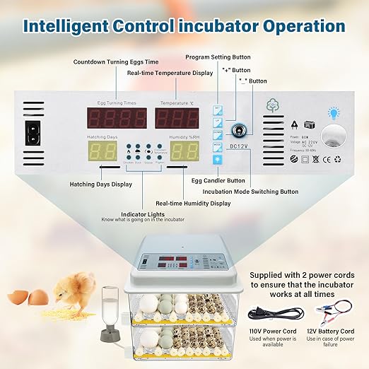 120 Egg Incubator Automatic Turning LED Display Temperature Humidity Control Built-in Candler External Water Fill Duals Power 110V/12V for Hatching Chicken Duck Quail Goose Eggs