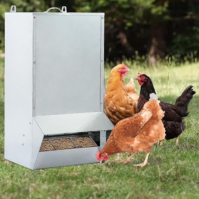 30lbs Capacity Galvanized Chicken Feeder,Outdoor Poultry Feeder with Weatherproof Lid,Hanging Chicken Feeder, Coop Food Dispenser