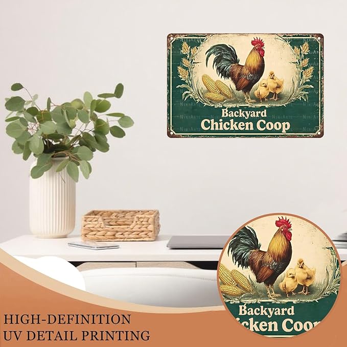 Vintage Backyard Chicken Coop Metal Sign Rustic Farmhouse Wall Art for Hen Houses Barn Doors and Country Kitchen Decor 8X12Inch