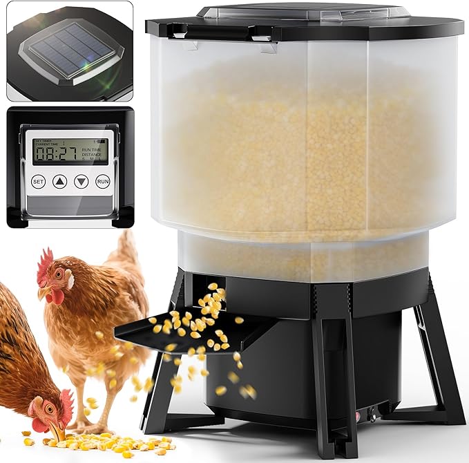 Solar Automatic Chicken Feeder with Timer, 20lbs PVC Poultry Feeder No Waste, Rat Proof Chicken Automatic Feeder with LCD Display, 6 Programmable Feeding Times (0–20s/Slot), 3 Throw Distances