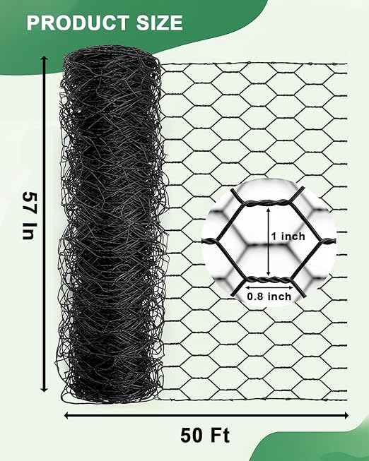 Vensovo Black PVC Coated Chicken Wire, 57in x 50ft Poultry Netting Roll, 1 inch Hex Mesh Garden Fence for Chicken Coop, Rabbit Pen, Yard
