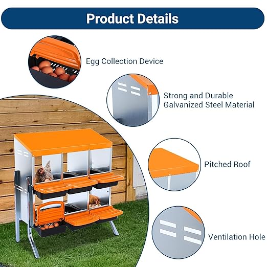 Chicken Nesting Boxes, 6 Hole Metal Chicken Laying Box with with Removable Trays and Roll Out Egg Collection for Chicken Coop, with Metal Bracket, Orange