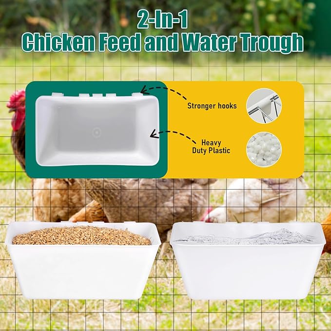 2 Pack Chicken Feeder Waterer,2.5 Quart Hanging Chicken Feeder Trough with Hooks Versatile Feeding Container for Chicken Duck Goose Rabbit Duck Feeder Poultry and Livestock Water Trough（White）
