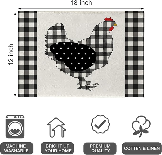 Seliem Farm Chicken Hen Animal Placemats Set of 4, Black White Buffalo Check Plaid Farmhouse Chick Dining Table Place Mats, Spring Summer Country Rustic Kitchen Decor Home Decoration 12 x 18 Inch