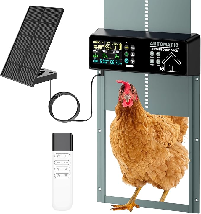 Solar Powered Automatic Chicken Coop Door with Remote Control – Smart Anti-Pinch Safety, Color LCD Display, Heavy-Duty Aluminum, All-Weather Operation (Light Blue)