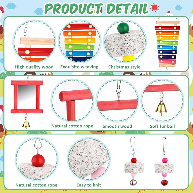 Ripeng 7 Pcs Chicken Toys for Coop Set Chicken Enrichment Toys Including Xylophone Mirror Large Chick Beak Grinding Calcium Stone Ladder with Bell Accessories for Coop Hens Parrots
