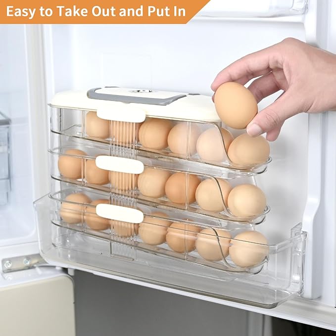 Egg Dispenser for Refrigerator, 3-Layer Clear Plastic Egg Holder Adopt Transparent PET Material & Hidden Handle Design – Egg Organizer for Refrigerator with Cover Lock Buckle (Capacity for 21 Eggs)