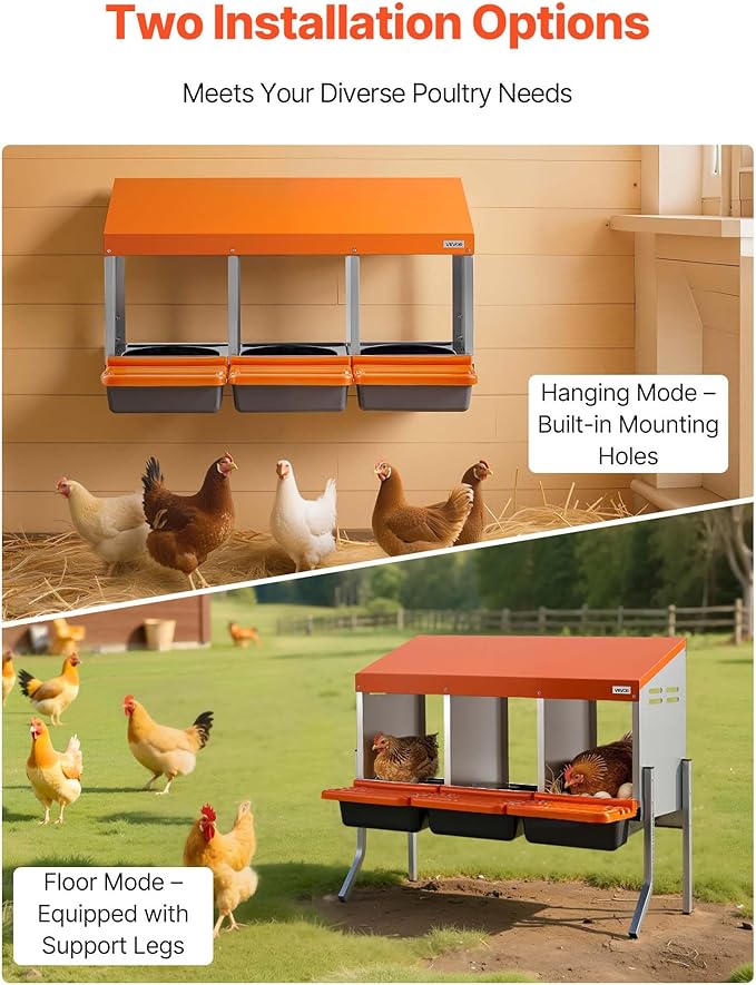 VEVOR Chicken Nesting Boxes, 3 Compartments, with Support Legs, Easy Egg Collection, Galvanized Steel and High-Strength Plastic, Roll Away Nesting Boxes for Chickens and Hens Laying Eggs, Orange