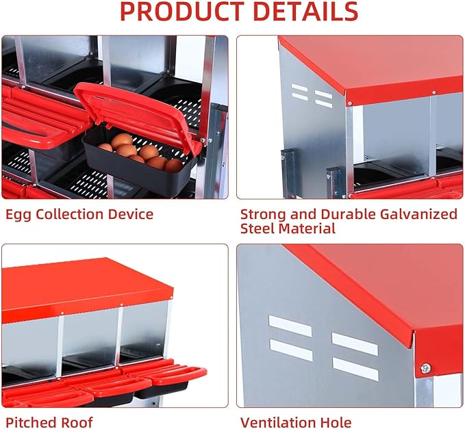 6-Compartment Chicken Nesting Boxes, Metal Hen Laying Boxes with Roll-Away Egg Tray, Lockable Lid, Easy-Clean Design for Coop and Farm