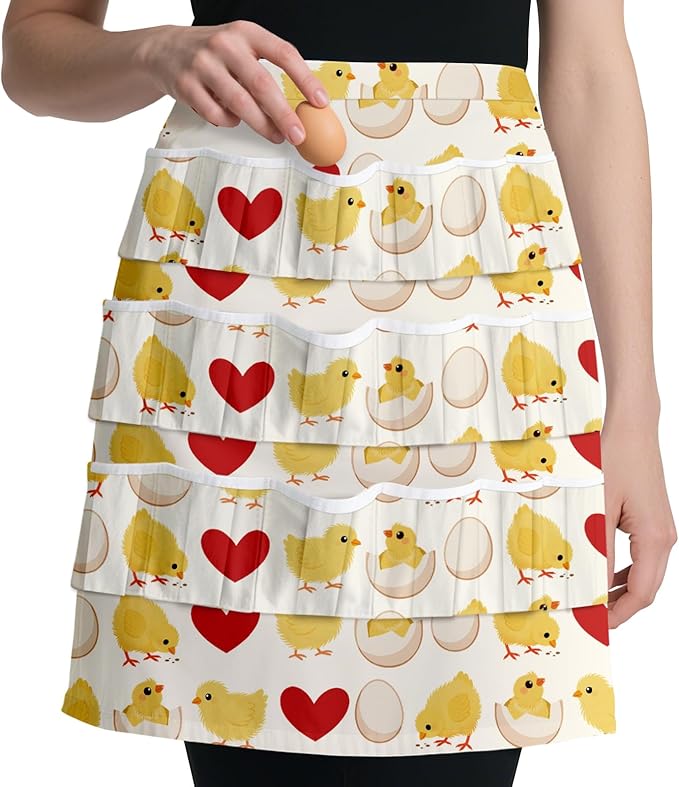 CUTHOLLOW Egg Collecting Apron for Adlut, Housewife, 18 Deep Pockets Hen Egg Gathering Holding Apron with Elastic Closures